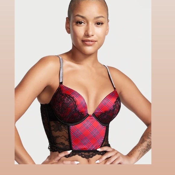 Victoria secret Bombshell Add 2 Cups Push up 34A Longline Lace Plaid NWT - Picture 1 of 9